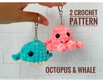 Crochet Keychain Pattern Octopus & Whale, Beach keychain octopus and whale