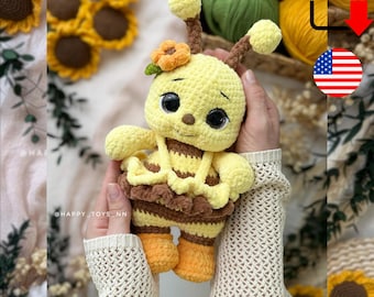 Crochet Bee Pattern with Sunflower Dress. Velvet yarn amigurumi plush toy. Instant PDF download