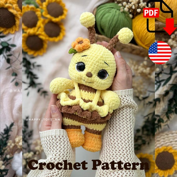 Preview of Crochet Bee Pattern with Sunflower Dress. Velvet yarn amigurumi plush toy. Instant PDF download by ThreadTutorial