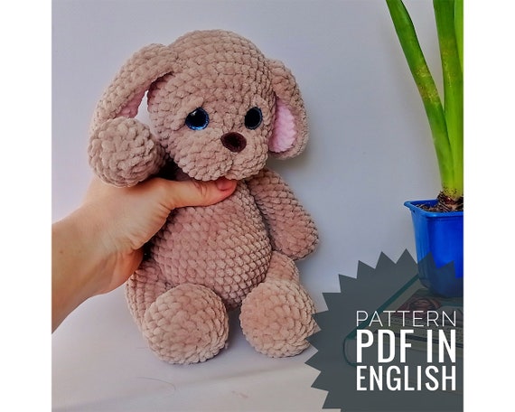 Preview of Crochet Puppy Pattern for Floppy ear plush dog amigurumi in velvet yarn. Soft toy PDF tutorial for instant download by ThreadTutorial