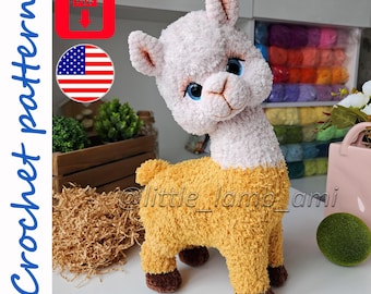 Patrón de alpaca a crochet para un peluche amigurumi esponjoso. Tutorial en PDF de llama con hilo de terciopelo. Descarga digital instantánea.