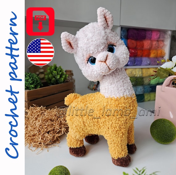 Preview of Crochet Alpaca Pattern for a fluffy plush amigurumi toy. Velvet yarn llama PDF tutorial. Instant digital download by ThreadTutorial