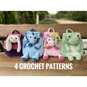Kids Backpack&#39;s Patterns, Set of 4 crochet plush backpack patterns