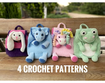 Kids Backpack's Patterns, Set of 4 crochet plush backpack patterns