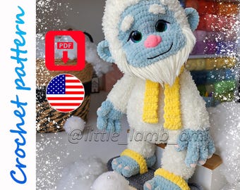 Plush Yeti Crochet Pattern. Fluffy Amigurumi Snow Monster with Snowboard. Winter Toy PDF