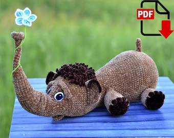 Crochet Mammoth pattern in plush yarn. Amigurumi Baby Mammoth PDF with instant digital download