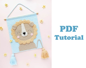 Motif de suspension murale lion au crochet, motif de décoration murale au crochet, chambre de bébé lion, petite décoration de chambre d'enfant, modèle PDF en anglais