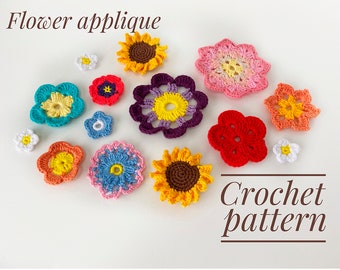 Crochet flower pattern, Crochet flower applique, Crochet set flower