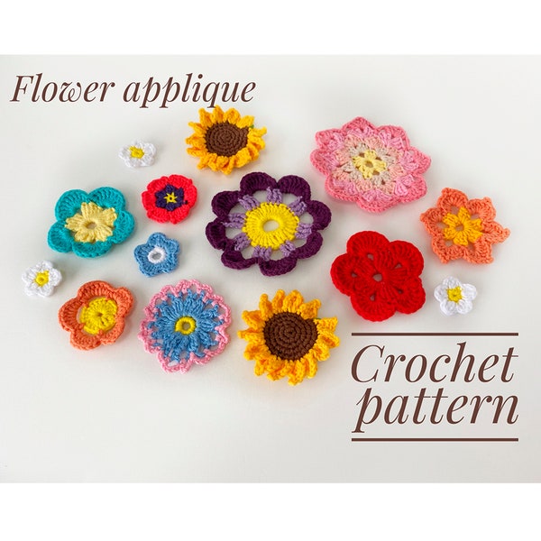 Crochet flower pattern, Crochet flower applique, Crochet set flower