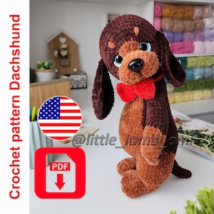 Gehaakt teckelpatroon. Pluche amigurumi-hond, instant pdf-download in het Engels