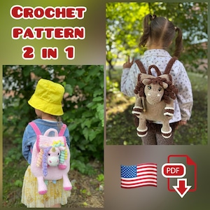May include: The image showcases two children wearing crochet backpacks. One is pink with a unicorn design, and the other is brown, shaped like a horse. The text "CROCHET PATTERN 2 IN 1" is displayed at the top. An American flag and a PDF icon are also present.