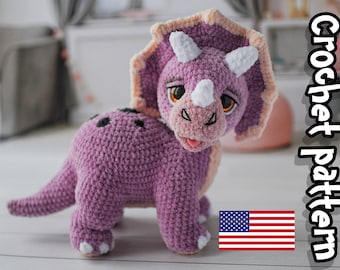 Crochet dino pattern, Triceratops crochet pattern, amigurumi dinosaur, crochet animal pattern, baby dinosaur, ENGLISH PDF, DIY tutorial