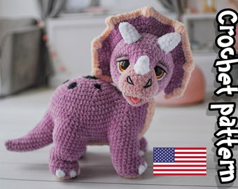Gehaakt dinopatroon, Triceratops-haakpatroon, amigurumi-dinosaurus, gehaakt dierenpatroon, babydinosaurus, ENGELSE pdf, DIY-tutorial