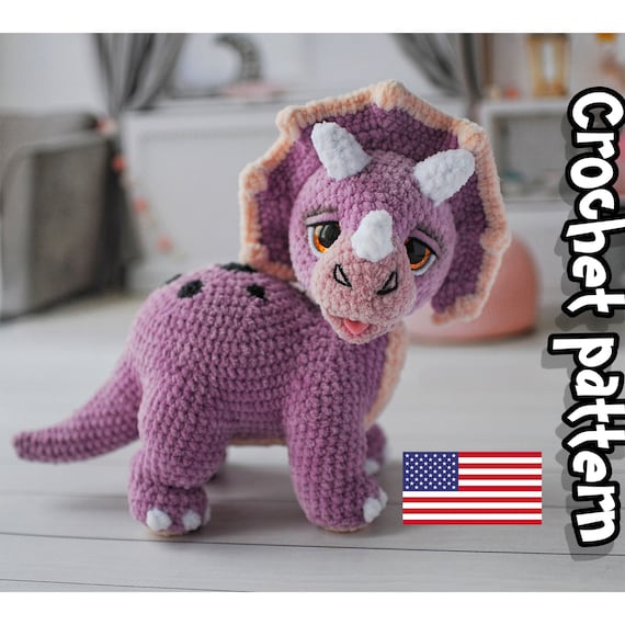 Preview of Crochet dino pattern, Triceratops crochet pattern, amigurumi dinosaur, crochet animal pattern, baby dinosaur, ENGLISH PDF, DIY tutorial by ThreadTutorial