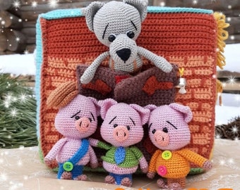 Teatro de Dedos y Cubo Sensorial Montessori “Tres Cerditos”. Tutorial de crochet. Juguete educativo para niños.