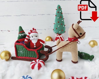 Padrão de crochê de trenó do Papai Noel com renas. Tutorial em PDF de decoração natalina em amigurumi.