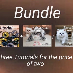 May include: A bundle of three tutorials, including a PDF tutorial with glass eye examples, a video on molding heels for kittens, and a video on tinting. The text reads "Bundle" and "Three Tutorials for the price of two."