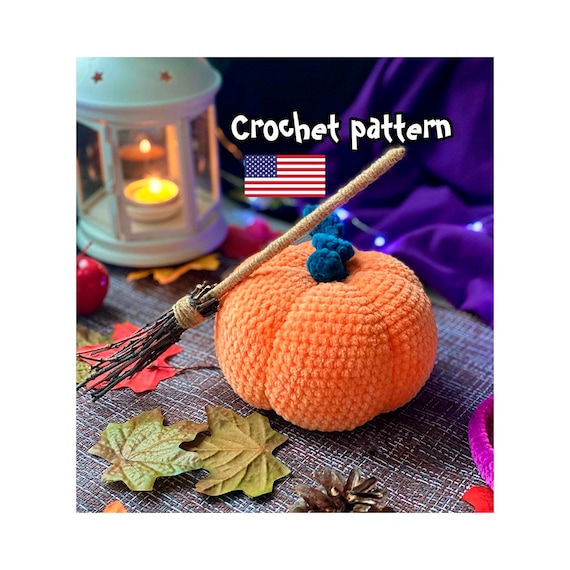 Preview of Crochet Halloween Decor Pattern Set: plush Pumpkin and Witch Hat. Amigurumi PDF with Broom video tutorial. Instant download by ThreadTutorial