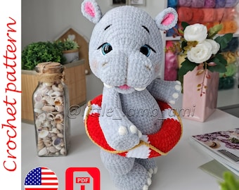 Crochet Pattern for a plush Hippo with Lifebuoy. Velvet yarn amigurumi toy. Soft nursery decor. Instant PDF download