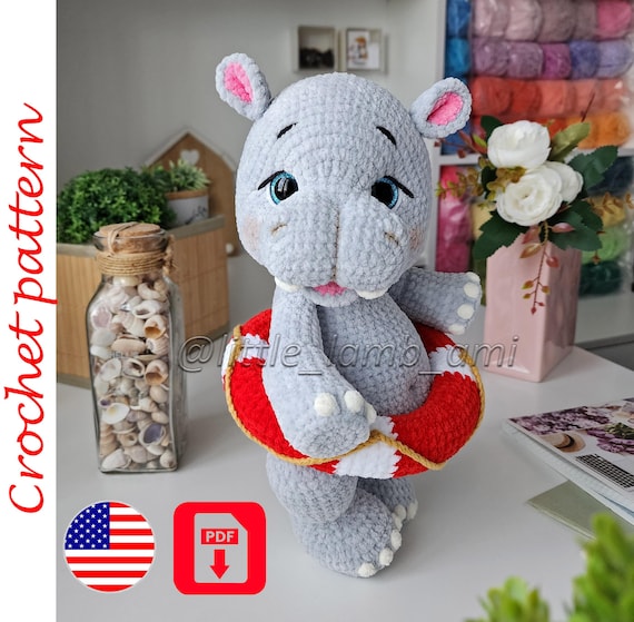 Preview of Crochet Pattern for a plush Hippo with Lifebuoy. Velvet yarn amigurumi toy. Soft nursery decor. Instant PDF download by ThreadTutorial