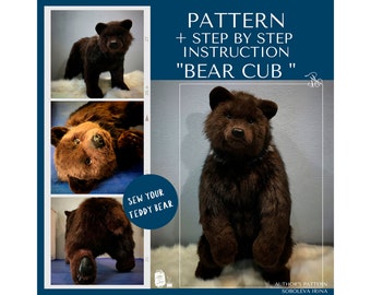 Step-by-step detailed photo instruction "Bear Cub". Realistic toy pattern. Fur toy sewing pattern