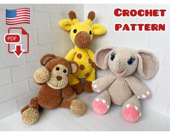 Crochet Pattern Animals: Giraffe, Elephant, Monkey