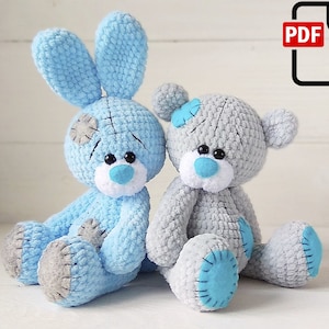 Crochet pattern bear and bunny with blue nose / easy to follow amigurumi pattern image 1