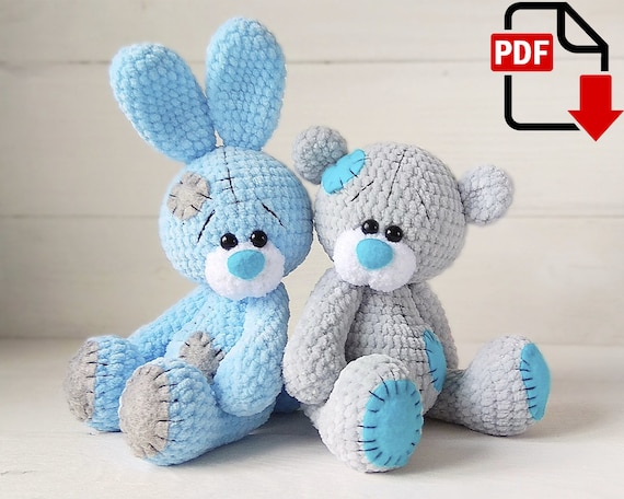 Preview of Crochet pattern bear and bunny with blue nose / easy to follow amigurumi pattern by ThreadTutorial