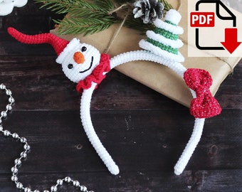 Tiara de crochê com boneco de neve e árvore de Natal. Acessório festivo em PDF para crianças e adultos.
