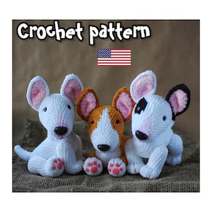 Padrão de bull terrier de crochê, padrão de cachorro de crochê, amigurumi de cachorro, cachorro de pelúcia, PDF EM INGLÊS, tutorial DIY
