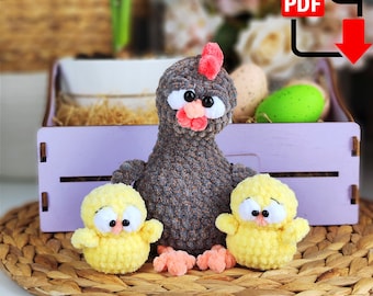 Сhicken and chicks. NO SEW crochet toy pattern. Chicken with a small chicken. Laying hen with chickens.