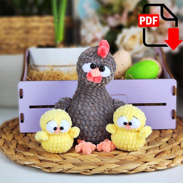Сhicken and chicks. NO SEW crochet toy pattern. Chicken with a small chicken. Laying hen with chickens.