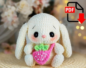 Annie Bunny. NO SEW Crochet toy pattern. Rabbit with a strawberry handbag.