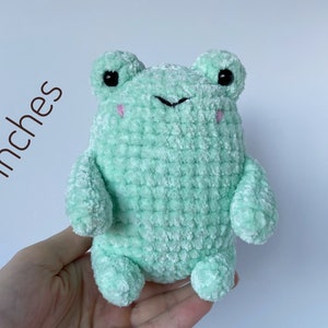 May include: A 5-inch green crocheted frog plush toy with black eyes and pink cheeks.