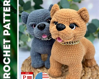 Patrón de ganchillo para un cachorro de peluche de bulldog. Tutorial en PDF para amigurumi de perro con hilo de terciopelo. Descarga instantánea.