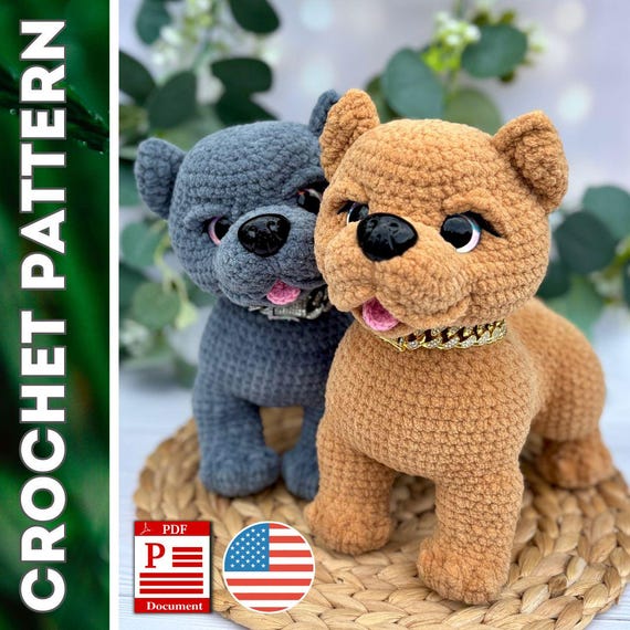 Preview of Crochet Puppy Pattern for a Plush Bulldog toy. Velvet yarn amigurumi dog PDF tutorial. Instant download by ThreadTutorial