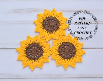 Sunflower coaster pattern, Coaster car, Beginner crochet tutorial, Small crochet doily pdf, Lace coasters, Easy pattern, Gift for mom