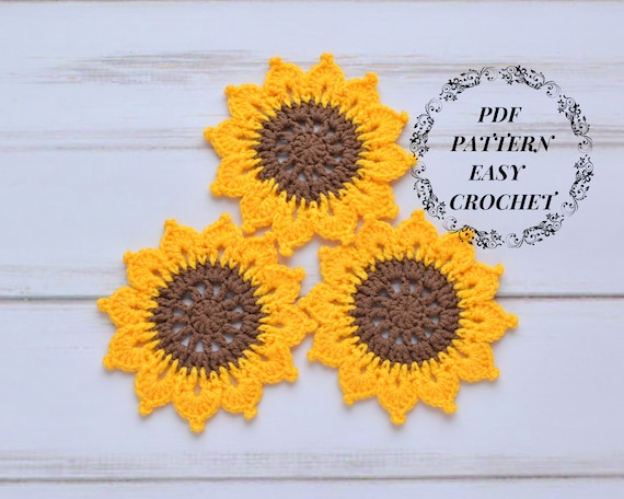 Sunflower coaster pattern, Coaster car, Beginner crochet tutorial, Small crochet doily pdf, Lace coasters, Easy pattern, Gift for mom