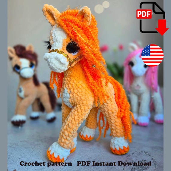 Preview of Crochet horse and unicorn pattern: plush amigurumi pony tutorial, instant PDF download by ThreadTutorial