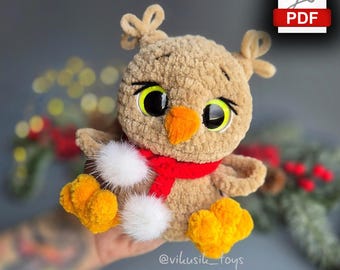 Crochet Owl Pattern: cute plush amigurumi bird with scarf. PDF tutorial for handmade toy