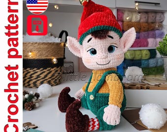 Molde de crochê para boneca Elfa: brinquedo de Natal de pelúcia em amigurumi. Download instantâneo em PDF.