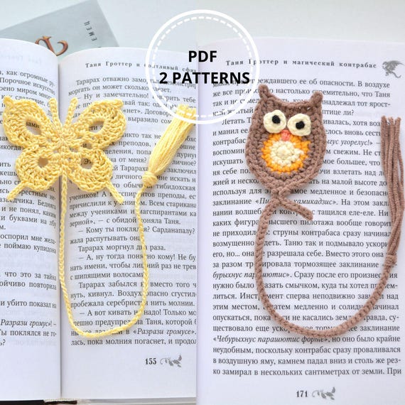 Preview of Owl and Butterfly Bokmark crochet patterns. 2 PDF tutorials for handmade reading accessories by ThreadTutorial