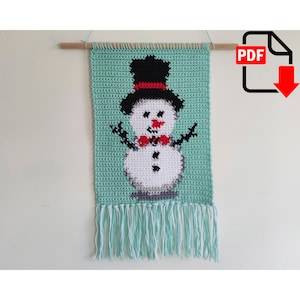 Snowman Christmas Tapestry pattern. Crochet wall hanging. Free: Mini-tutorial tapestry crochet method