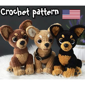 May include: Three crochet Chihuahua dog toys in brown, tan, and black with large eyes. The text "Crochet pattern" is above the dogs, with the American flag in the upper right corner. The tan dog has a black collar.