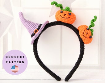 Witch Hat and Pumpkin Headband Crochet Pattern. Halloween Costume Accessory PDF for Kids and Adults