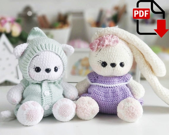 Preview of Plush Kitten and Bunny crochet pattern set. Soft amigurumi animals PDF download by ThreadTutorial