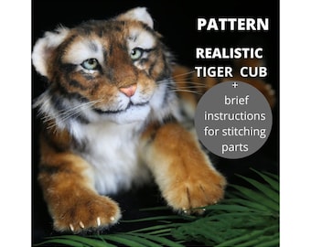 Pattern tiger cub, Realistic sewing toy, Wild cat, Stuffed Animals. Pattern with brief instruction for stitching.