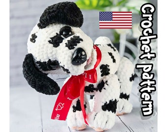 Patrón de ganchillo para cachorro dálmata. Tutorial de amigurumi de perro de peluche con manchas. PDF de peluche realista para descarga instantánea.