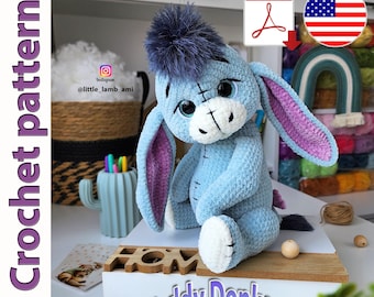 Wzór na szydełkowego osiołka w formacie PDF, samouczek robienia pluszowego osiołka amigurumi, pluszowa zabawka, pobieranie cyfrowe