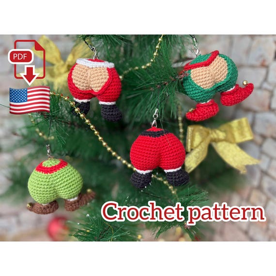 Preview of Crochet Christmas Ornament Pattern. Funny Santa and Elf Butt Decorations PDF for Christmas Tree by ThreadTutorial